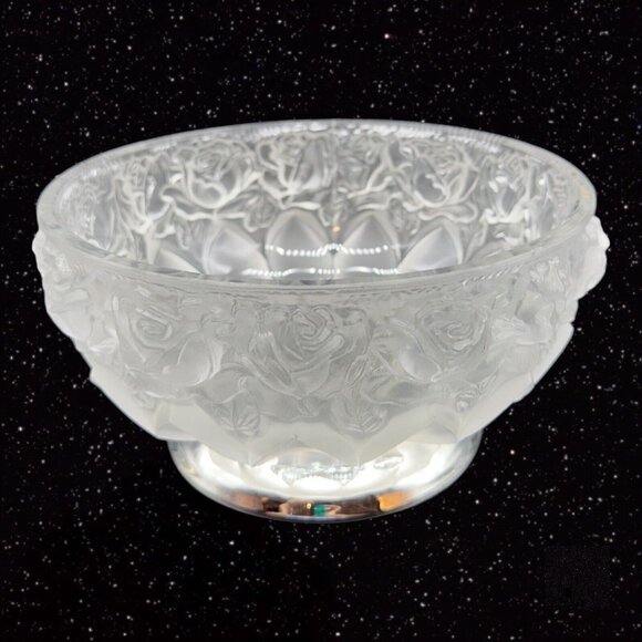 Frosted Satin Crystal Rose Pattern Compote On Silverplate Base Made West Germany - Picture 2 of 13
